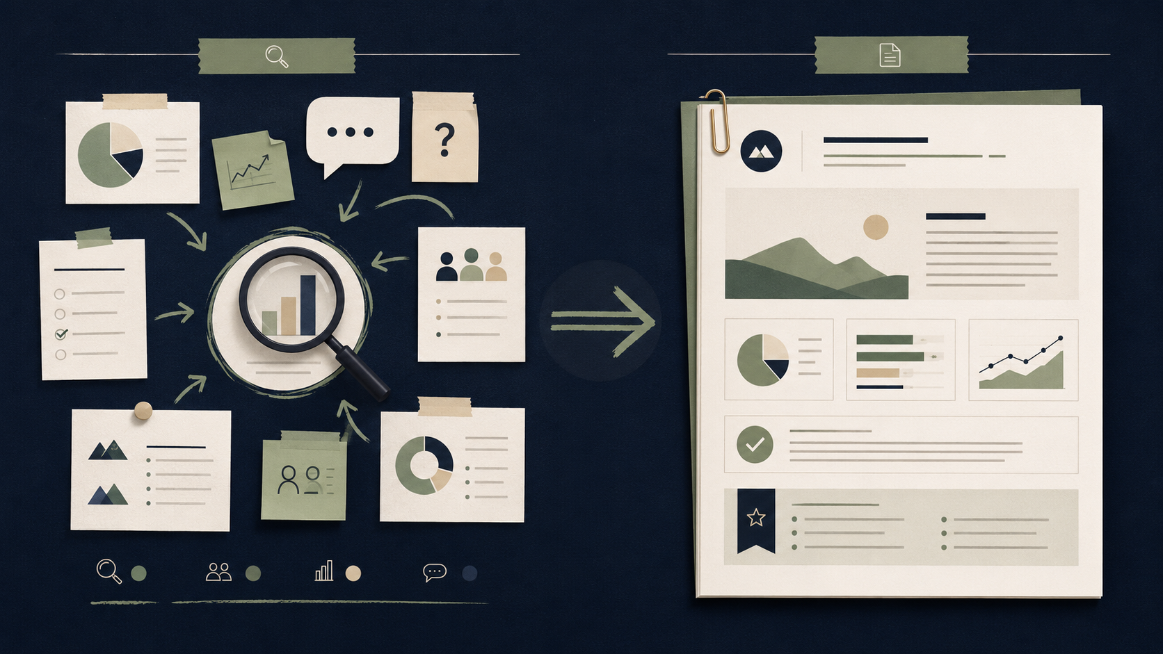 Illustration comparing scattered market research inputs on the left with a structured research report document on the right.