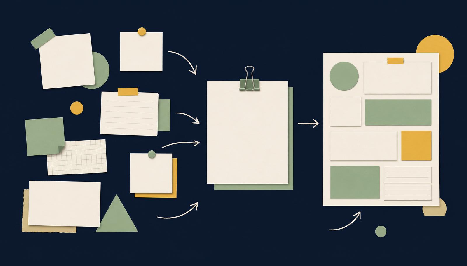 Research notes and audience insights being organised into a content strategy.